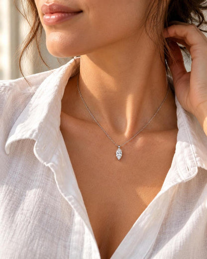Marquise pendant necklace with white textured shirt