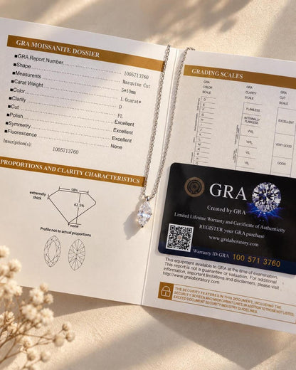 Marquise pendant necklace with GRA moissanite certificate and warranty card