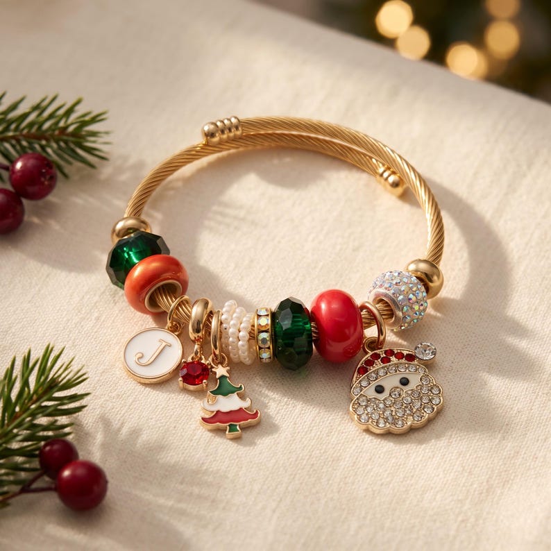 Personalized Christmas charm bracelet with initial charm