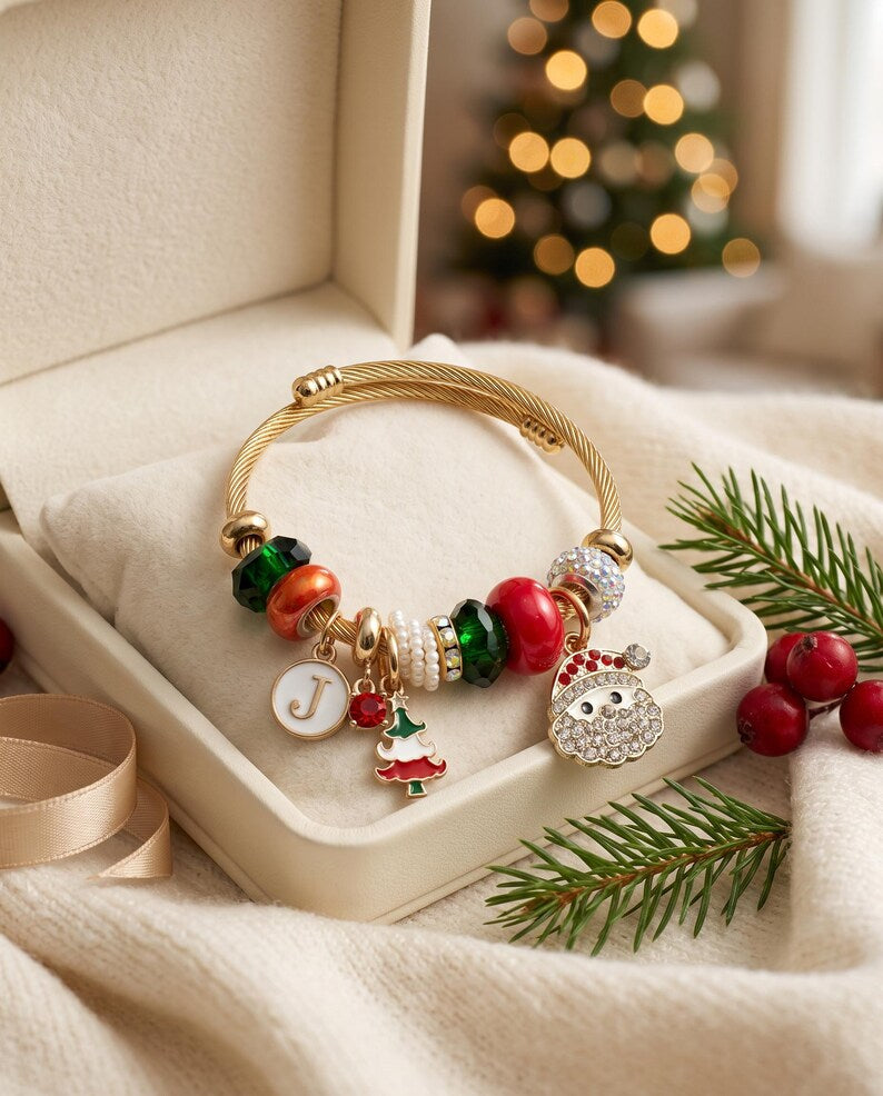 Close-up of Christmas charm bracelet beads and charms