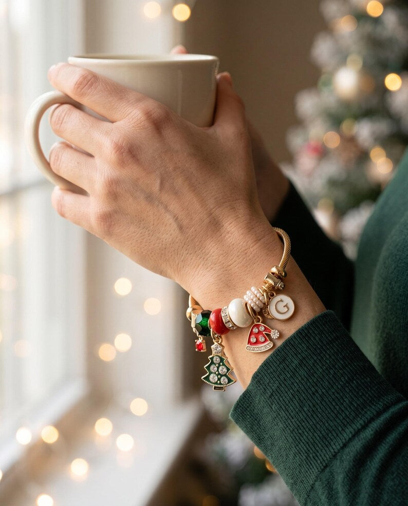 Christmas charm bracelet with Santa hat and tree charms
