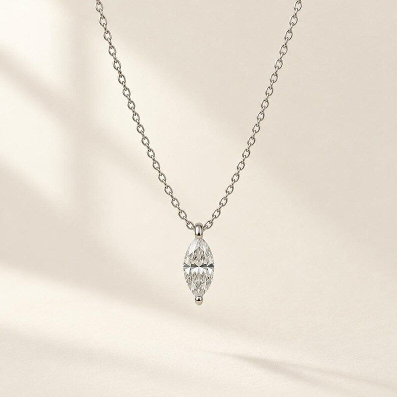 Silver marquise moissanite floating pendant necklace