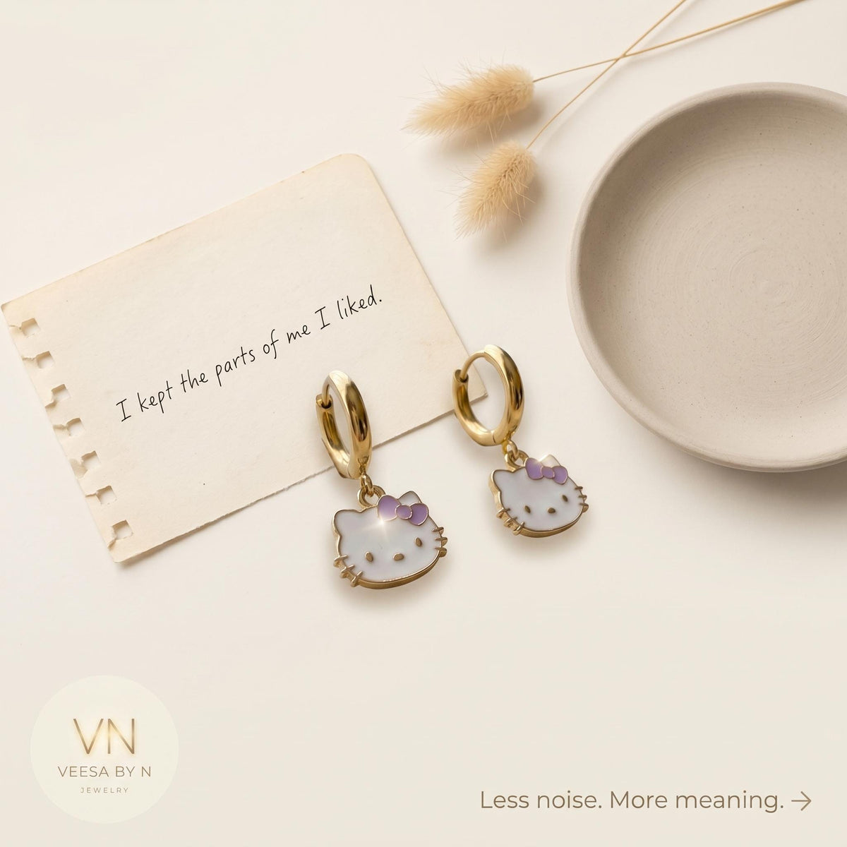 Kawaii cat gold huggie earrings with a lavender bow charm, 18k gold-plated stainless steel