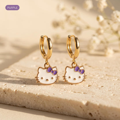 Kawaii cat gold huggie earrings with a lavender bow charm, 18k gold-plated stainless steel