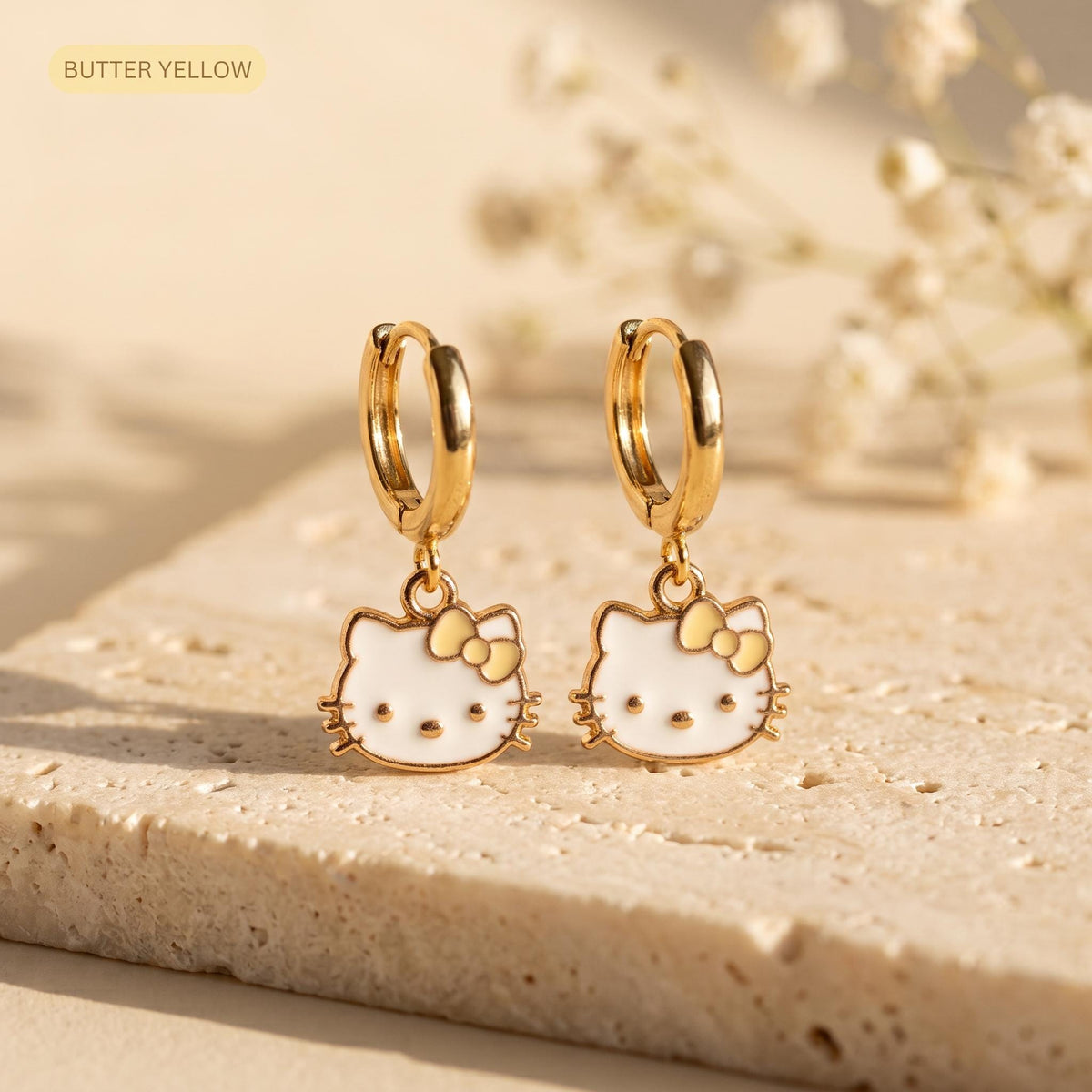 Kawaii cat gold huggie earrings with a lavender bow charm, 18k gold-plated stainless steel