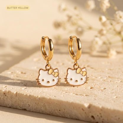 Kawaii cat gold huggie earrings with a lavender bow charm, 18k gold-plated stainless steel