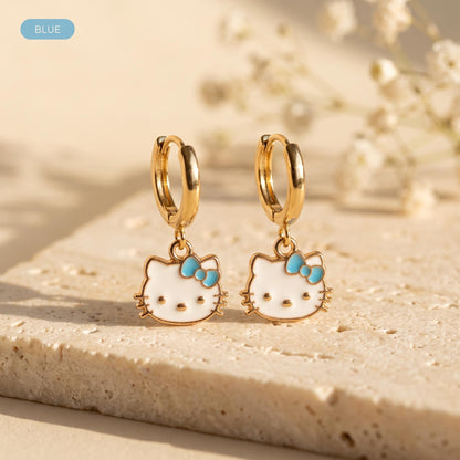 Kawaii cat gold huggie earrings with a lavender bow charm, 18k gold-plated stainless steel