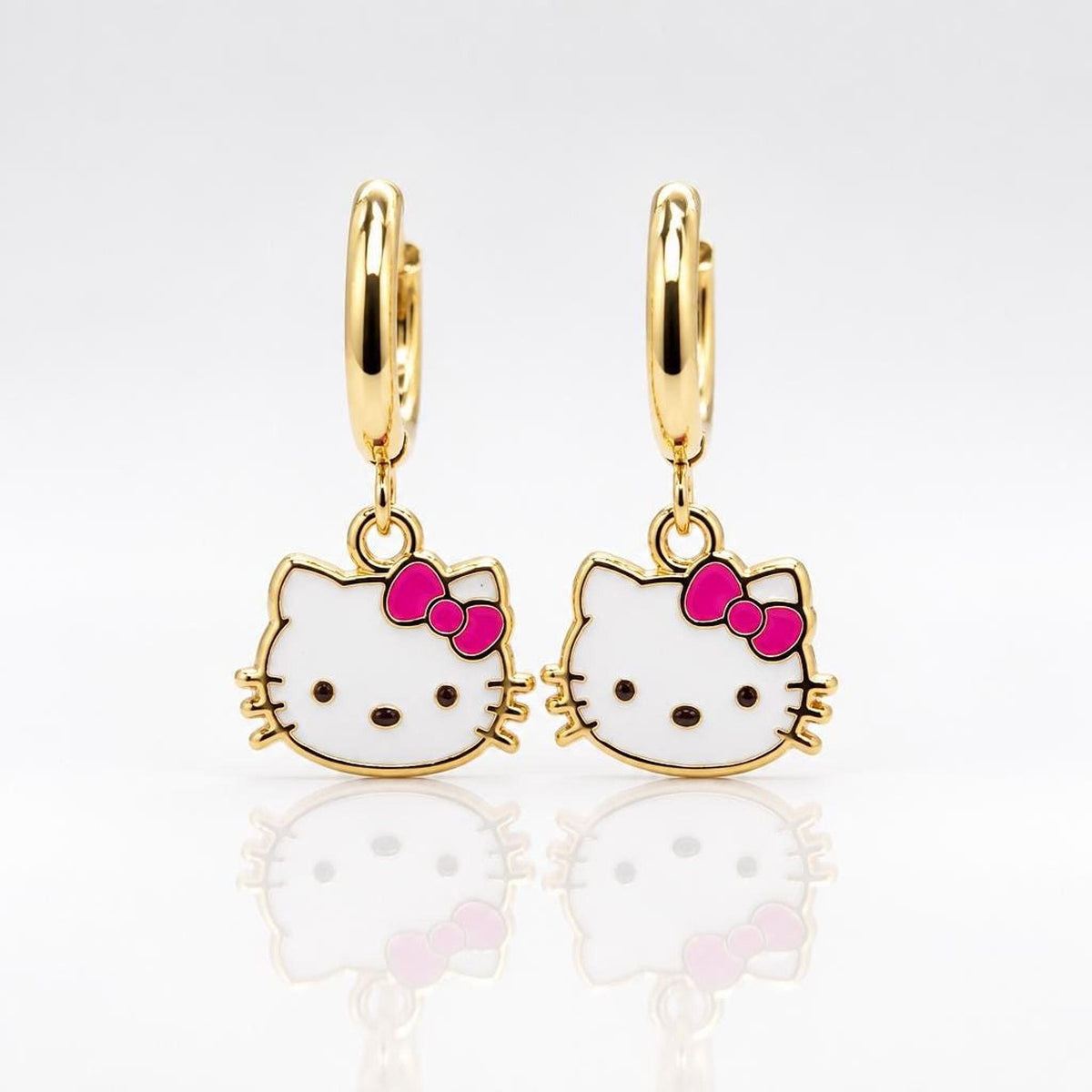 Kawaii cat gold huggie earrings with a lavender bow charm, 18k gold-plated stainless steel