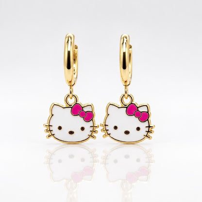 Kawaii cat gold huggie earrings with a lavender bow charm, 18k gold-plated stainless steel