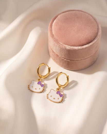 Kawaii cat gold huggie earrings with a lavender bow charm, 18k gold-plated stainless steel