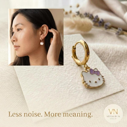 Kawaii cat gold huggie earrings with a lavender bow charm, 18k gold-plated stainless steel