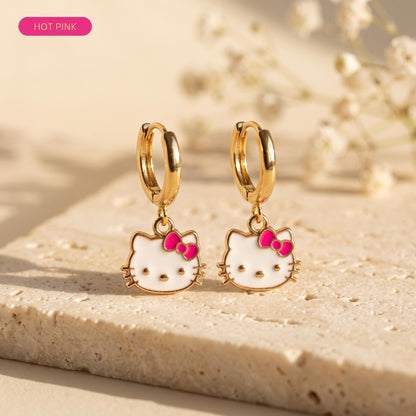 Kawaii cat gold huggie earrings with a lavender bow charm, 18k gold-plated stainless steel
