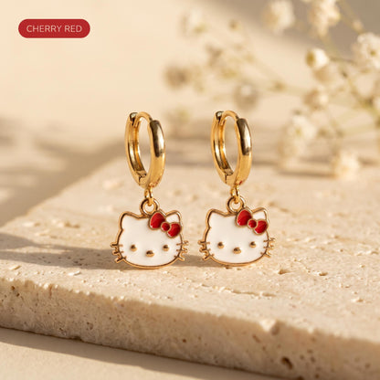 Kawaii cat gold huggie earrings with a lavender bow charm, 18k gold-plated stainless steel