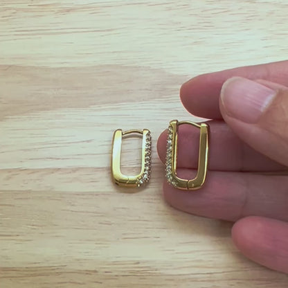 Pavé CZ Rectangular 15mm Hoop Earrings – 18K Gold Stainless Steel
