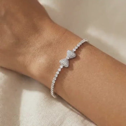 White Gold Crystal Bow Tennis Bracelet - Pave Sparkle Jewelry Feminine Bridal Accessory