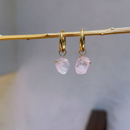 Raw Rose Quartz Huggie Hoop Earrings — 18K Gold Plated