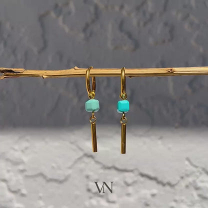 Gold & Turquoise Dangle Huggie Hoop Earrings