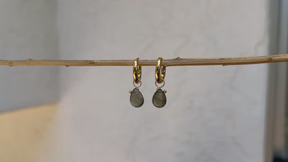Labradorite Teardrop Huggie Hoop Earrings — 18K Gold Plated