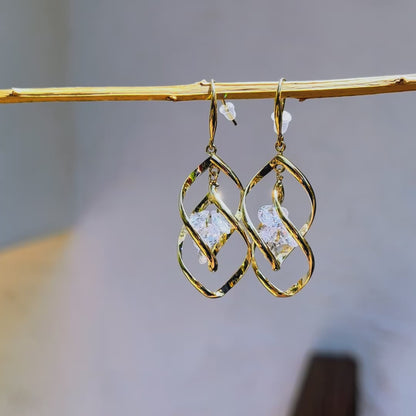 Gold Twist Crystal Drop Earrings – Sculptural Statement Hoops