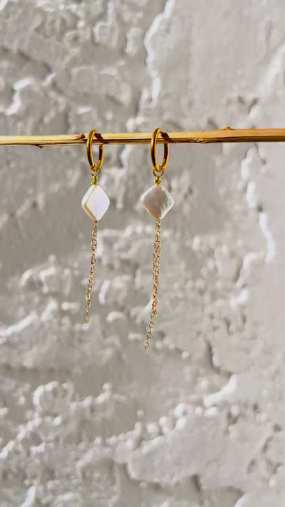 Gold Huggie Hoops with Square Pearl & Chain Dangle