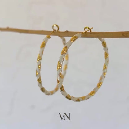 White Enamel Twisted Gold Hoops