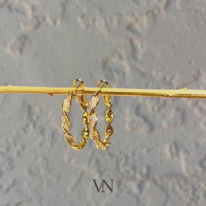 Twisted Crystal Pavé Gold Hoop Earrings